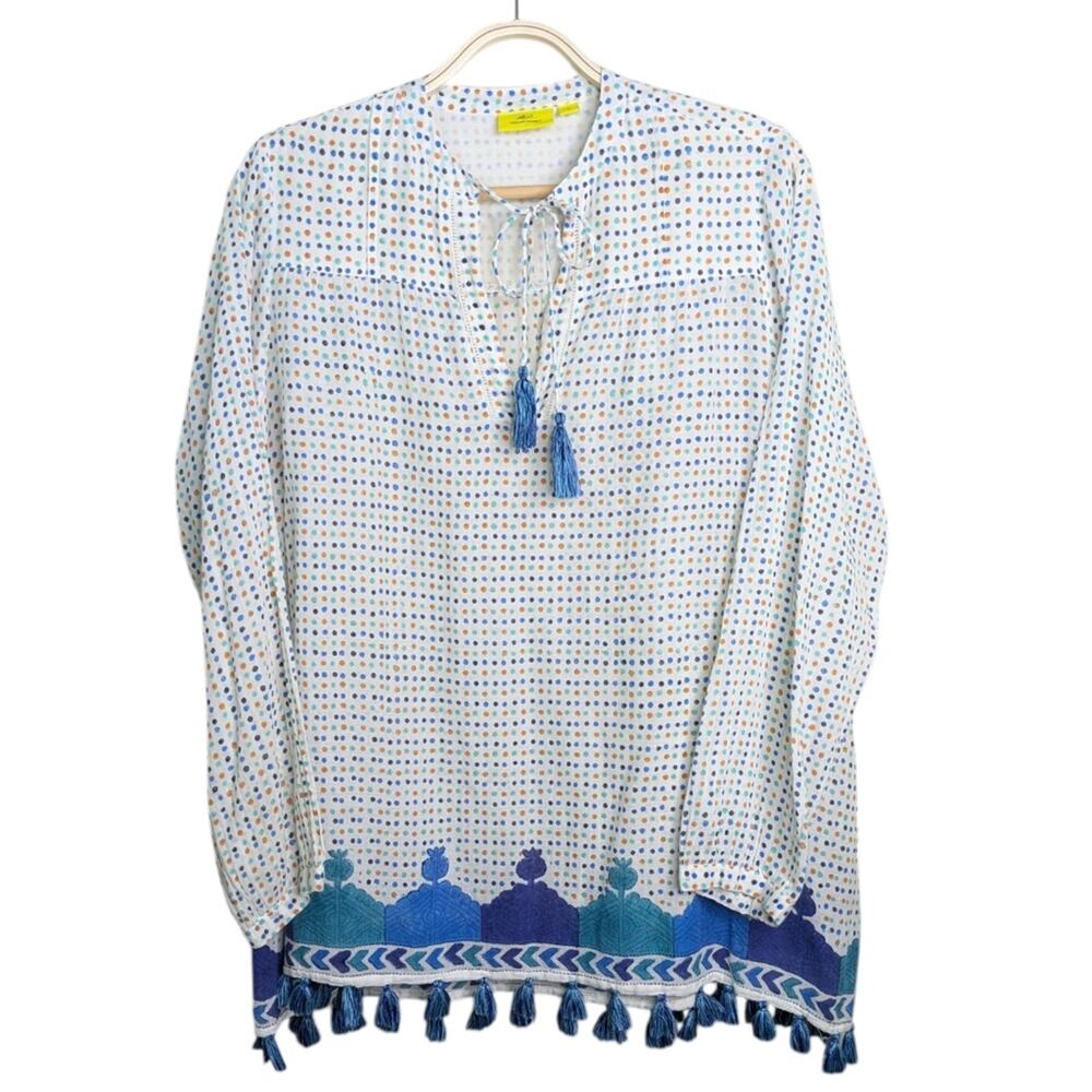 Roller Rabbit Tunic Top Small Polka Dot Tassel Tie Neck Boho Coastal Resort